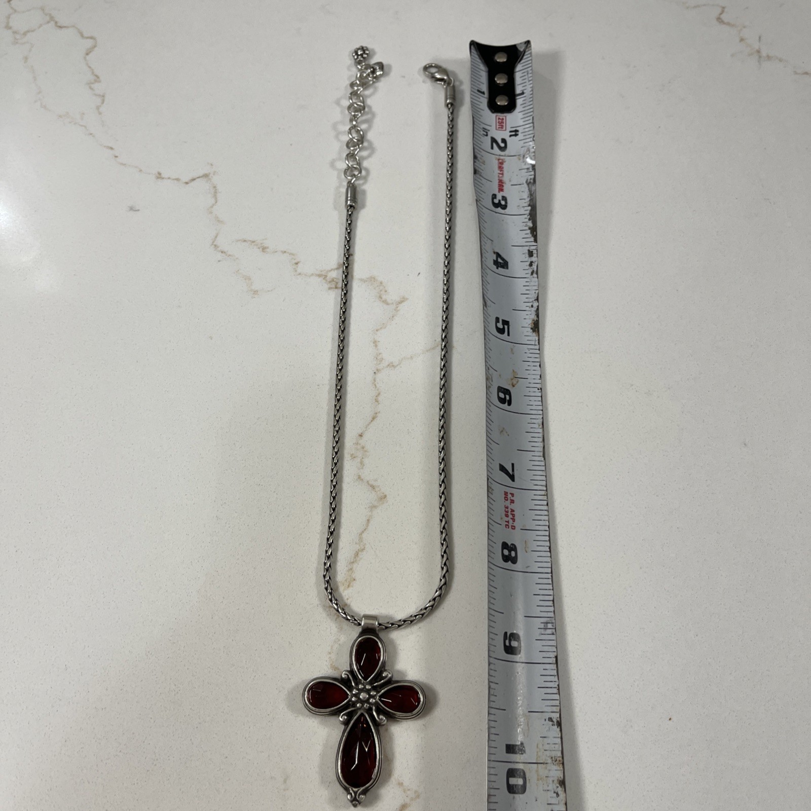 Brighton Silver Tone Necklace Cross Garnet Glass Pendant Adjustable 15-17 in