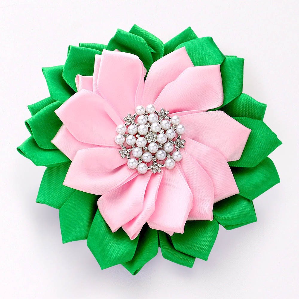 2pcs Pearl Flower Ribbon Brooch Hair Clip Dual Pin Corsage Lapel Floral Set