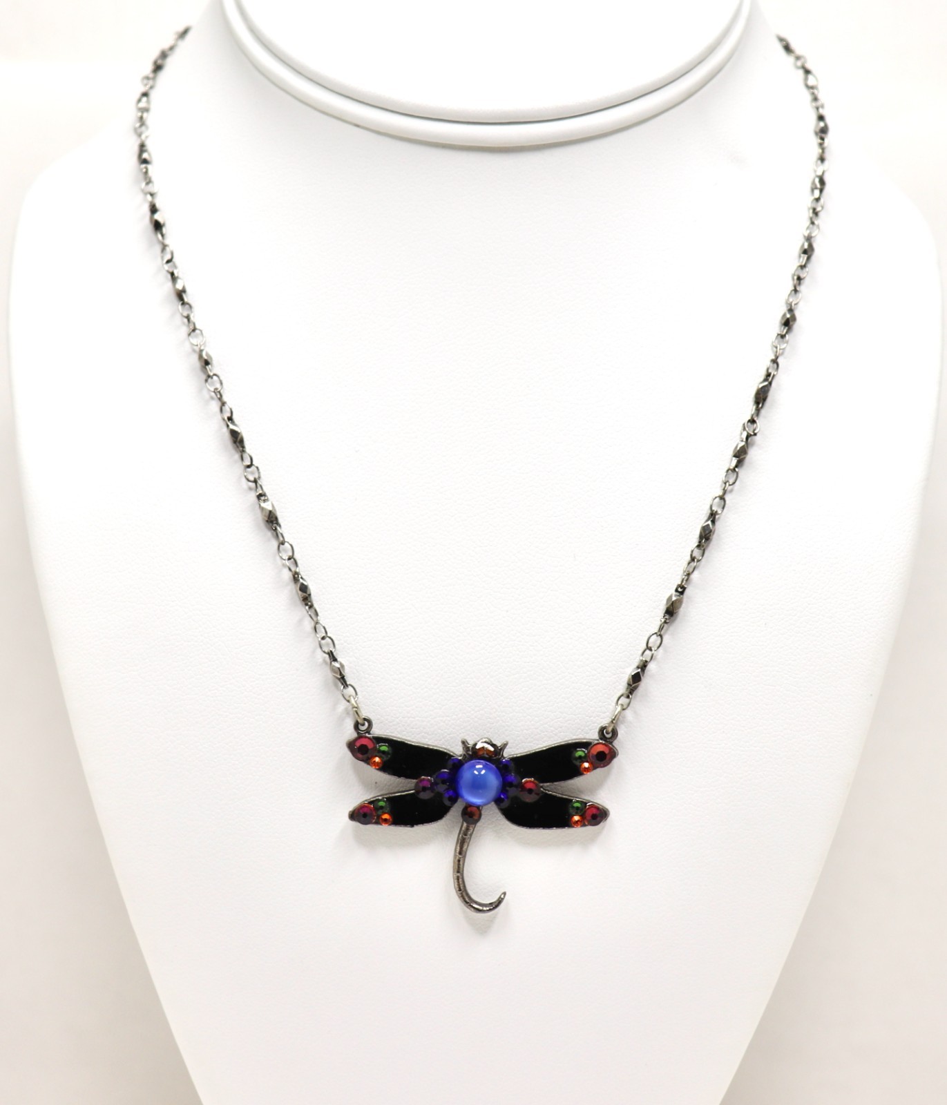 Anne Koplik Designs Dragonfly Necklace Antiqued Bronze Tone Crystal & Enamel 18″
