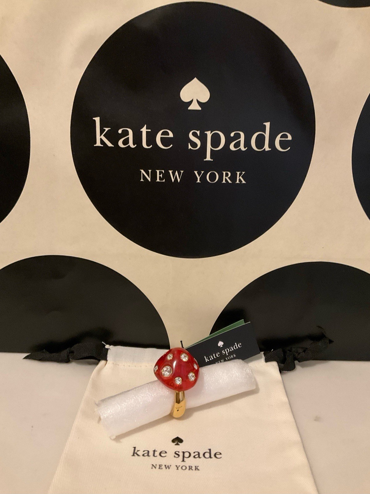 NWT Kate Spade New York Forest Pop Mushroom 12k Gold Plated CZ Crystal Ring Sz 8