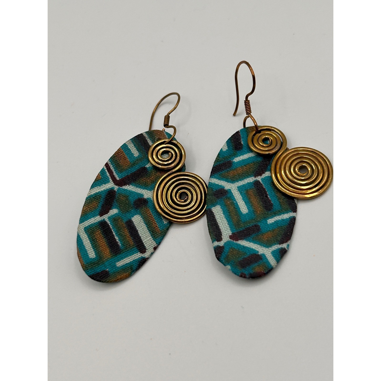 Artisan Fabric Brass Spiral Dangle Drop Earrings Teal Brown Geometric Boho 2″