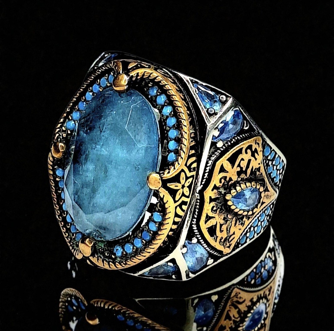 Turkish Handmade Jade, Turquoise, Brass & .925 Sterling Silver Ring, Sz 10.5.