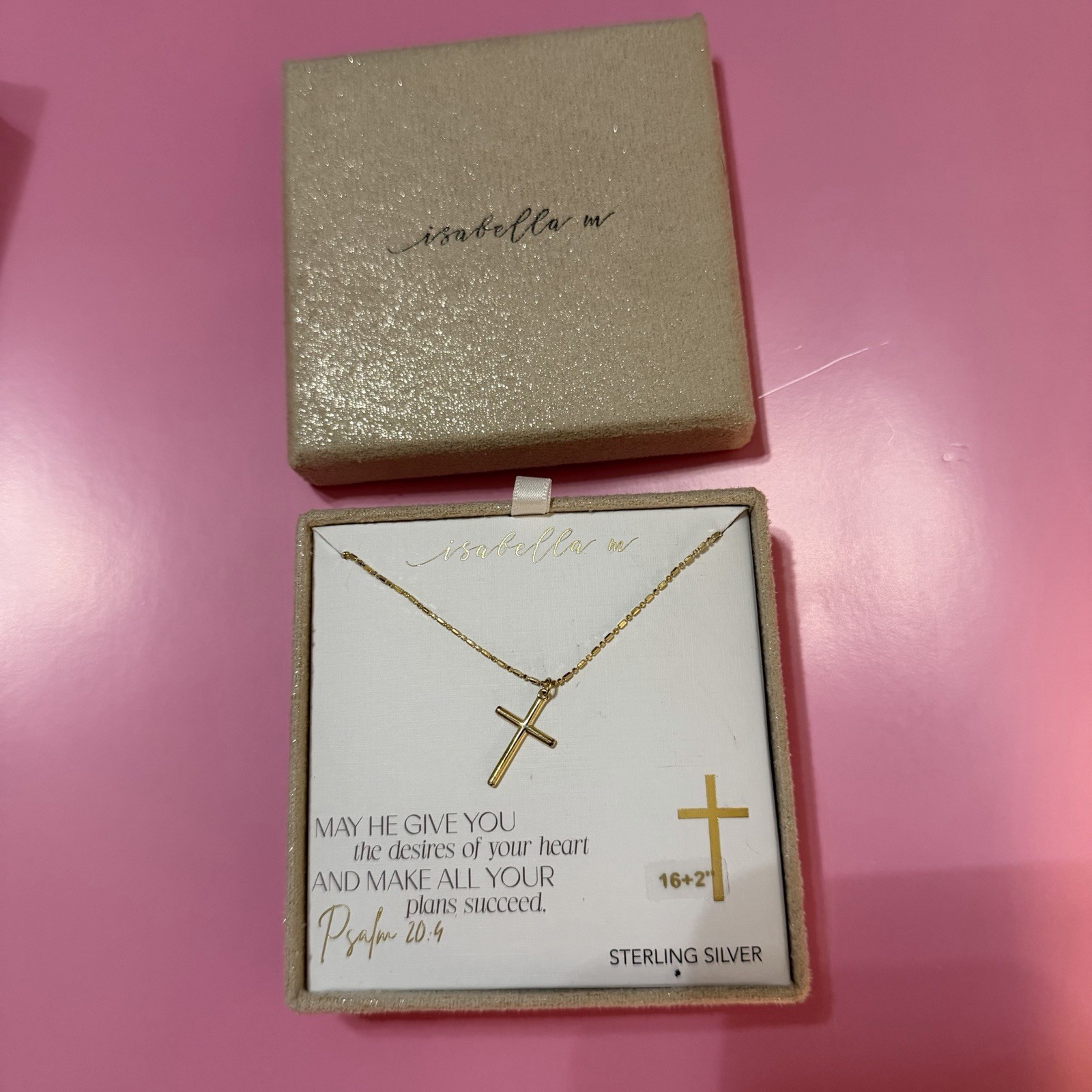 Isabella M Necklace With Pendant Croos 16+2” Color Gold New Sterling Silver