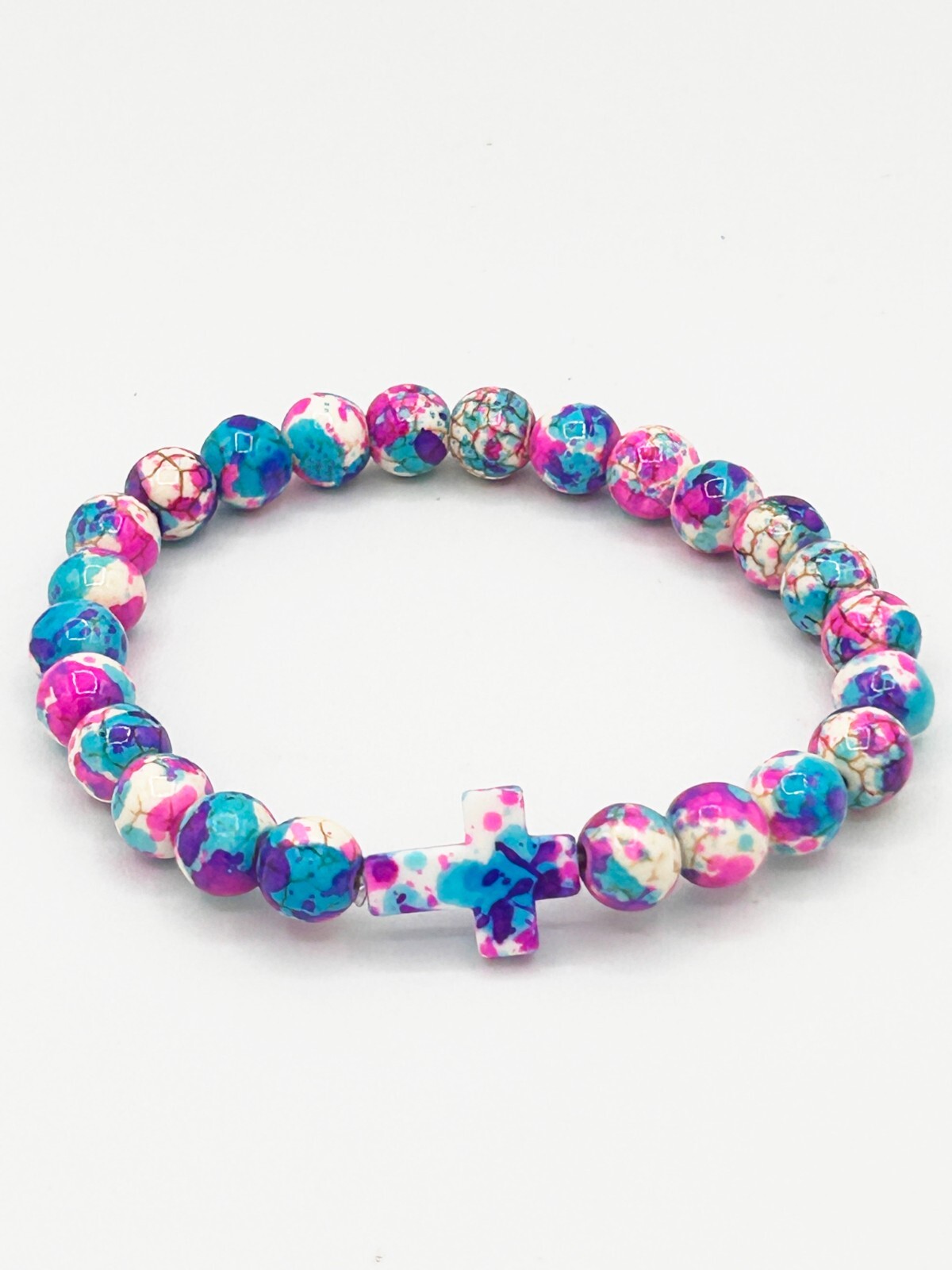Synthetic Dyed Turquoise Beaded Stretch Bracelet with Cross, 6 mm Beads