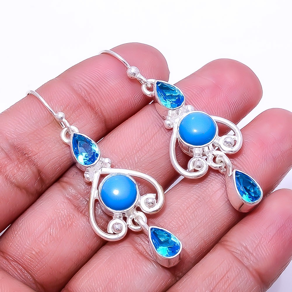Sleeping Beauty Turquoise Multi Collet 925 Sterling Silver Earring 1.95″ E13
