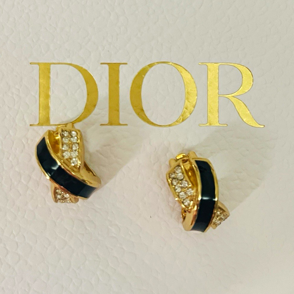 Dior Clip-On Stud Earrings Gold Tone Black Enamel Clear Crystal Pavé Rhinestone