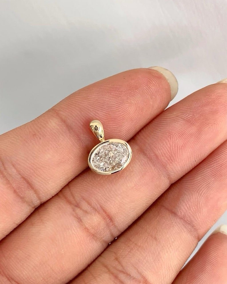 East West Oval Cut Lab Grown Diamond Bezel Set Solitaire Pendant Necklace Her