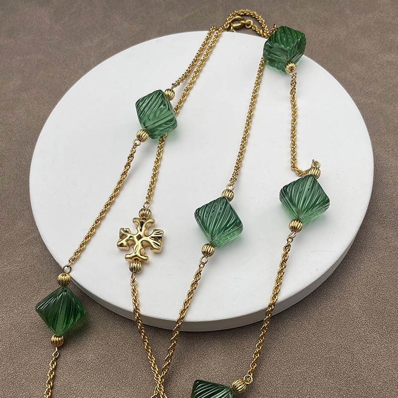 Tory Roxanne Long Necklace in Goldtone & Resin Azure Green with Pouch 105cm