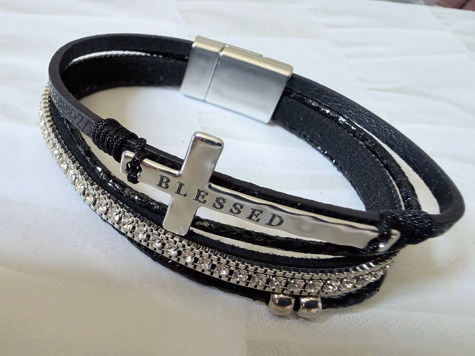 Womens Multi-Layer Blessed Cross Magnetic Wrap Bracelet – Black