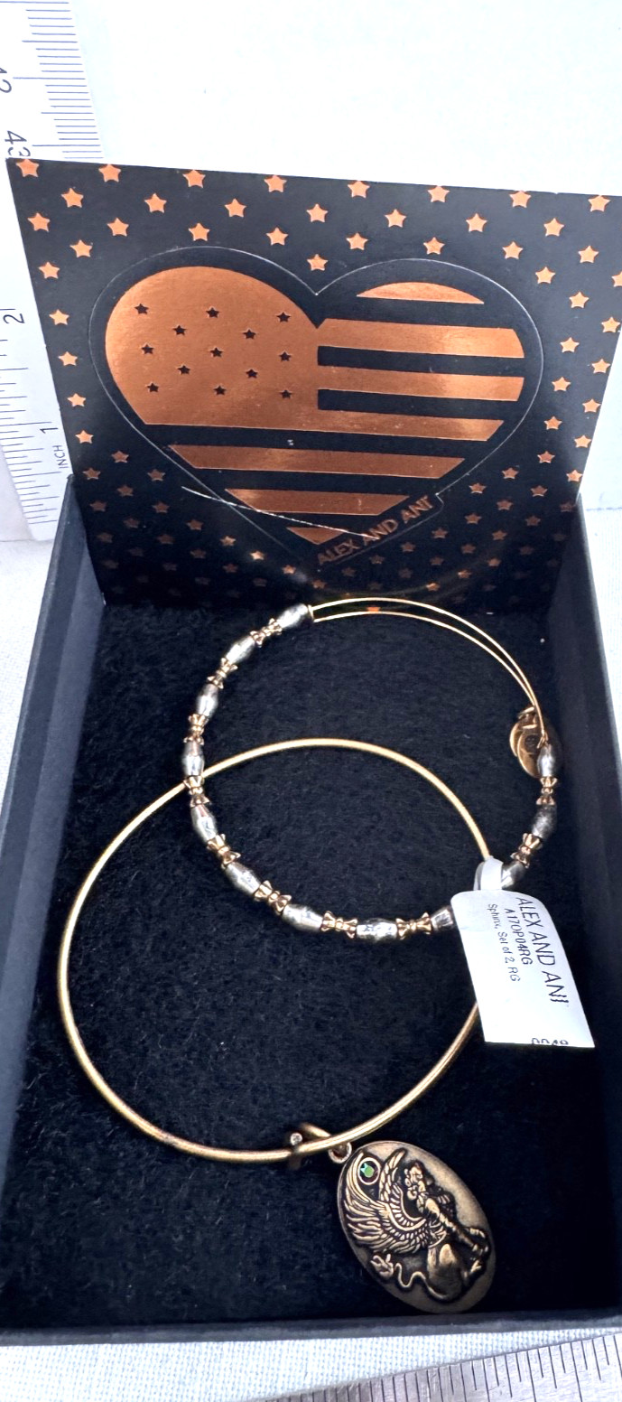 Alex and Ani Gold Oval Sphinx Charm Sliding Bangle Bracelet Set SEE PICTURE! NWT
