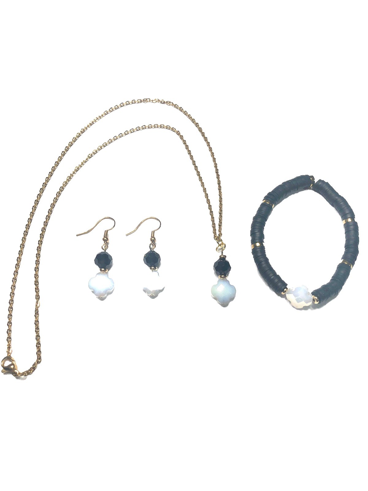 Ivory Black & Gold Tone Necklace Bracelet & Earring Jewelry Set Women Gift