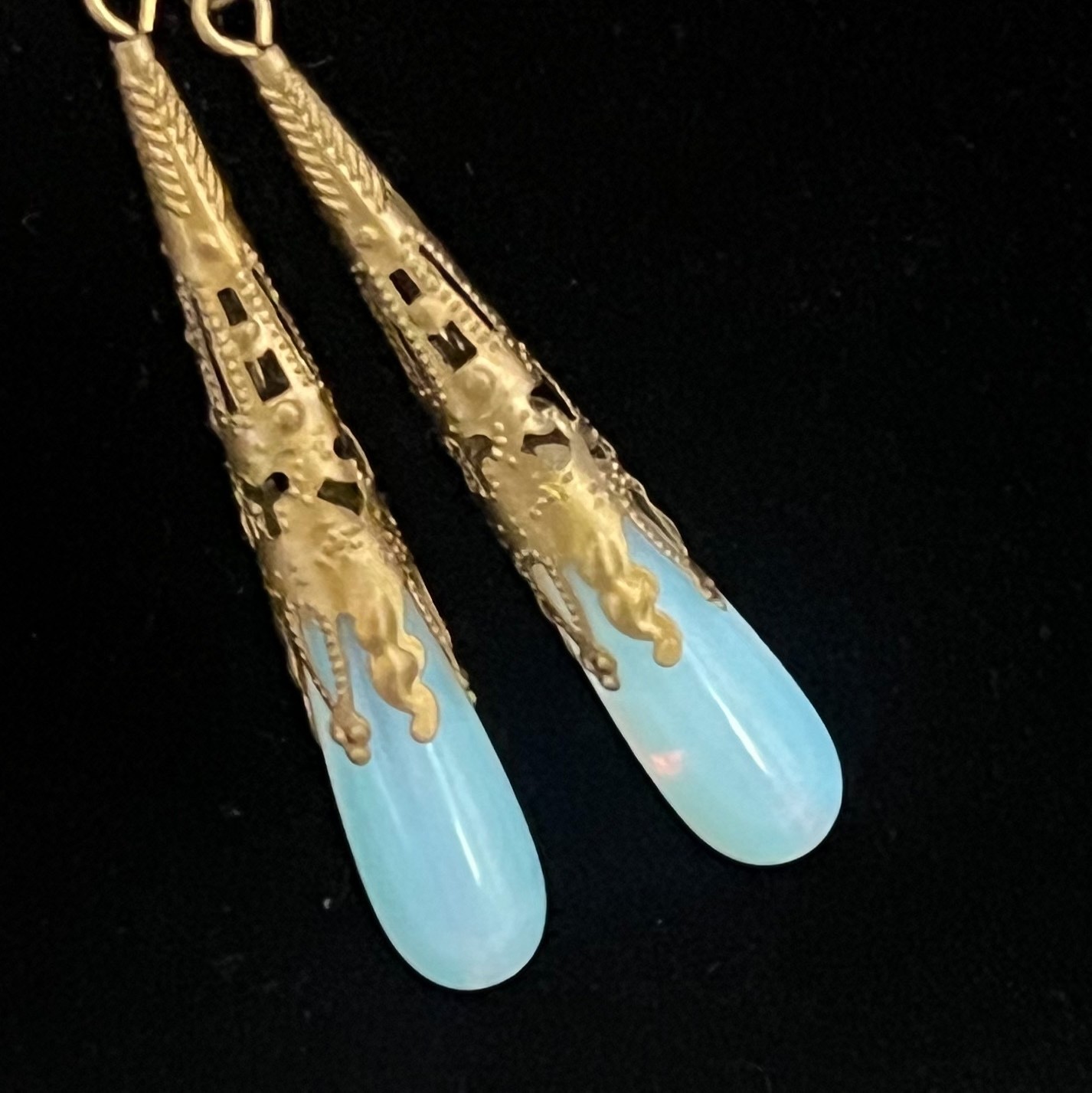 Opalite Earrings Long Filigree Glass Drops Art Nouveau Jewelry
