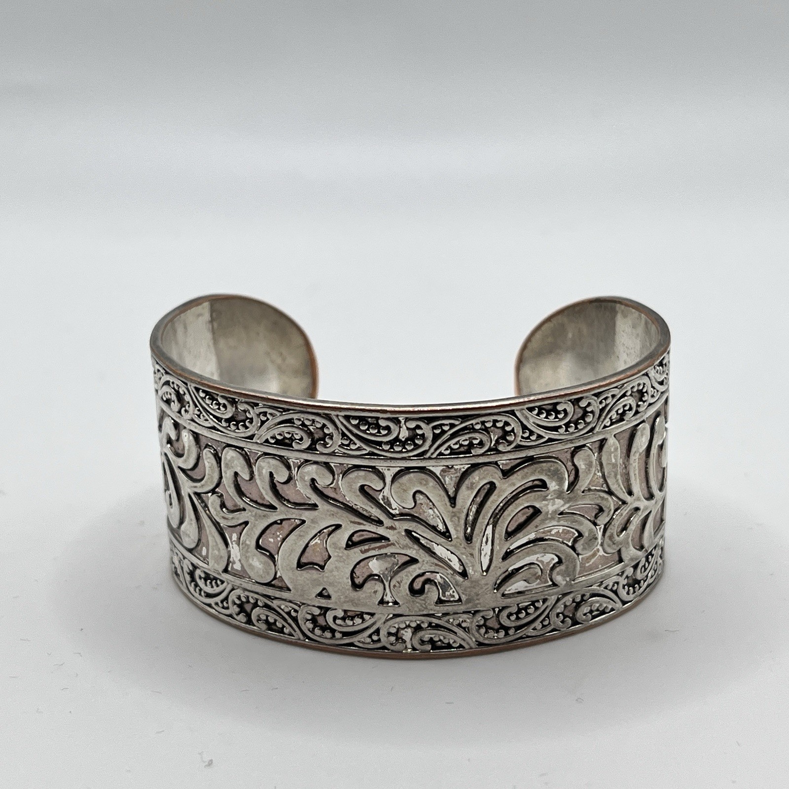 Floral Mixed Metal Scroll Work Cuff Bracelet – Silver Tone & Copper