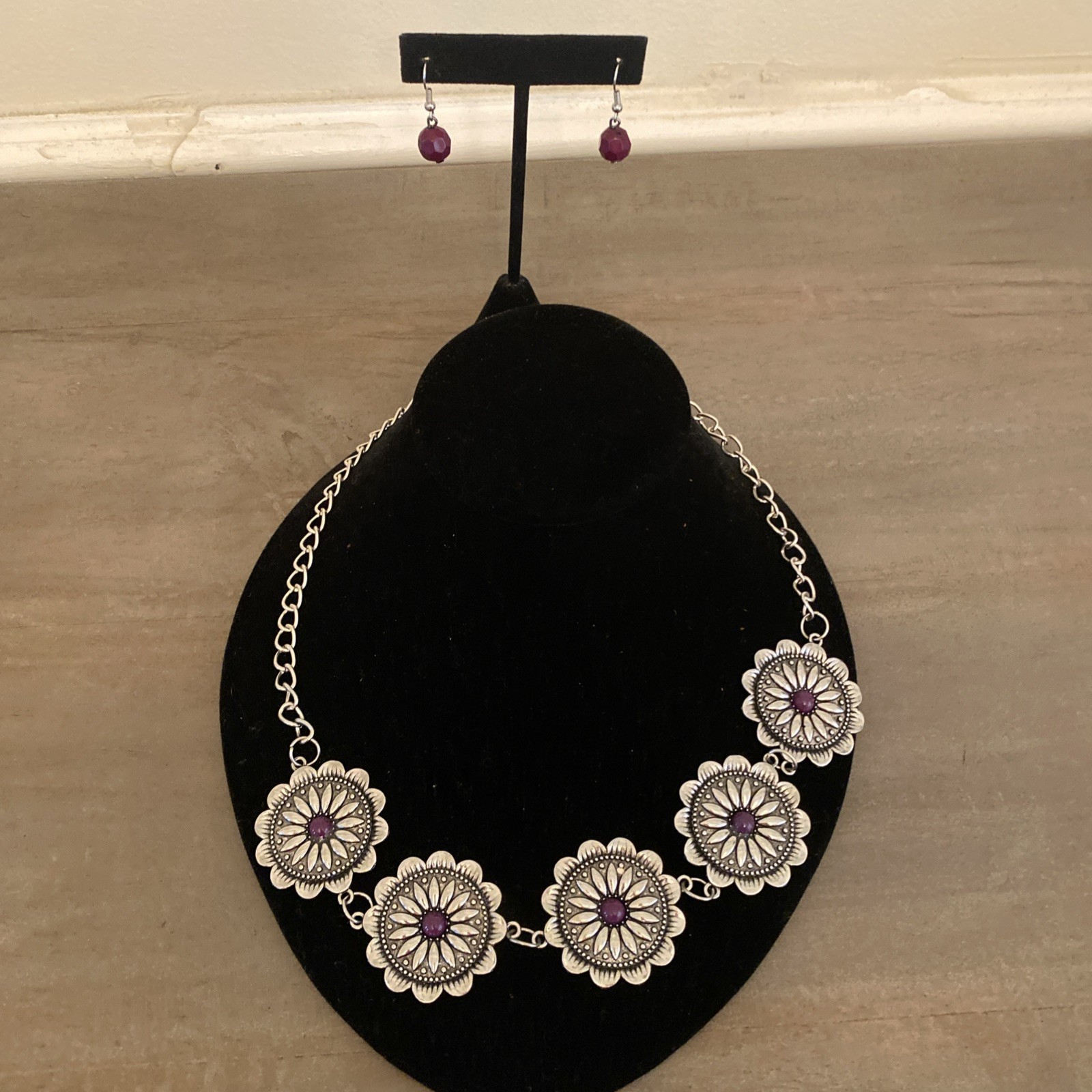 Necklace Earrings Set Purple Silver Tone Statement Western Cowgirl Boho Chic Y2K