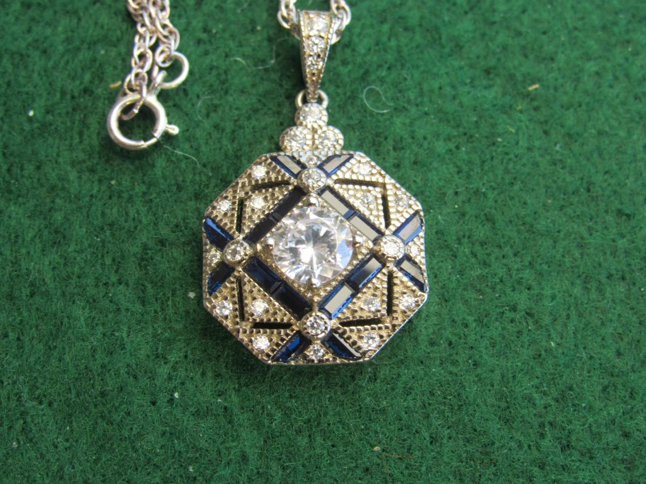 Sapphire & White CZ Sterling Silver Pendant & Chain – 5.8 Grams