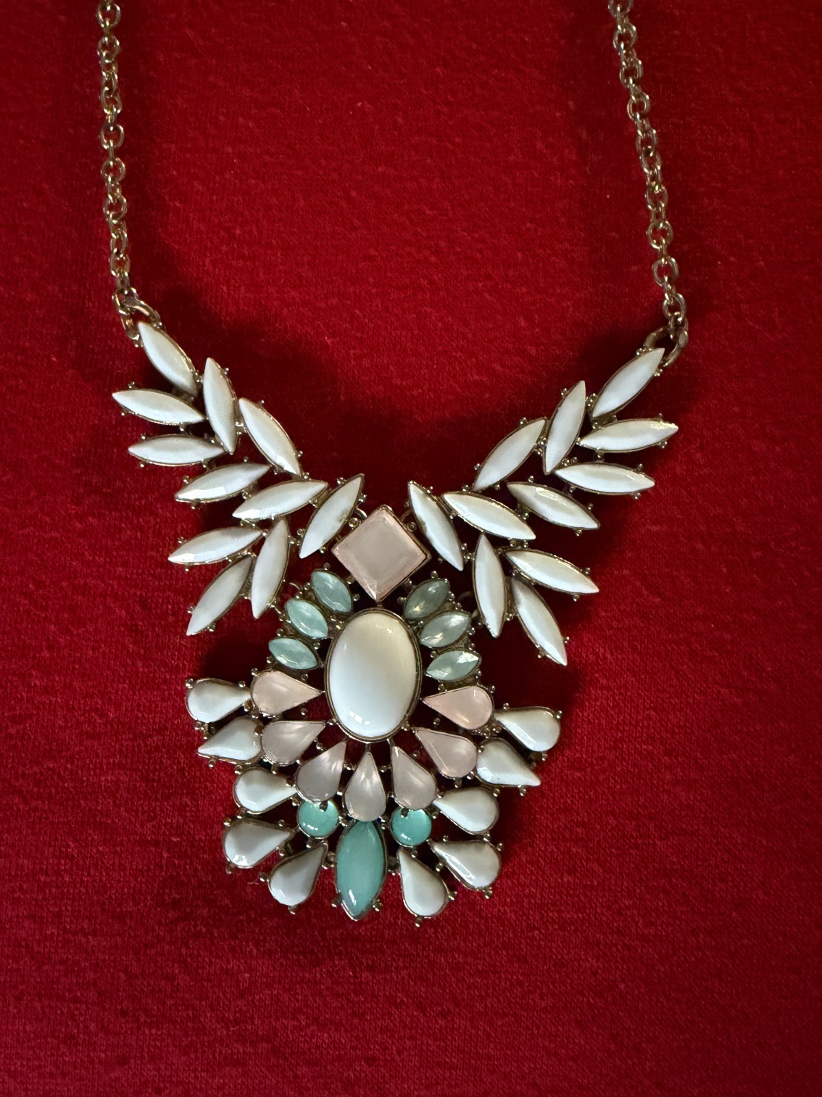 Fancy Faux Crystal White, Pale Pink and Aqua Stones Costume Necklace Jewelry