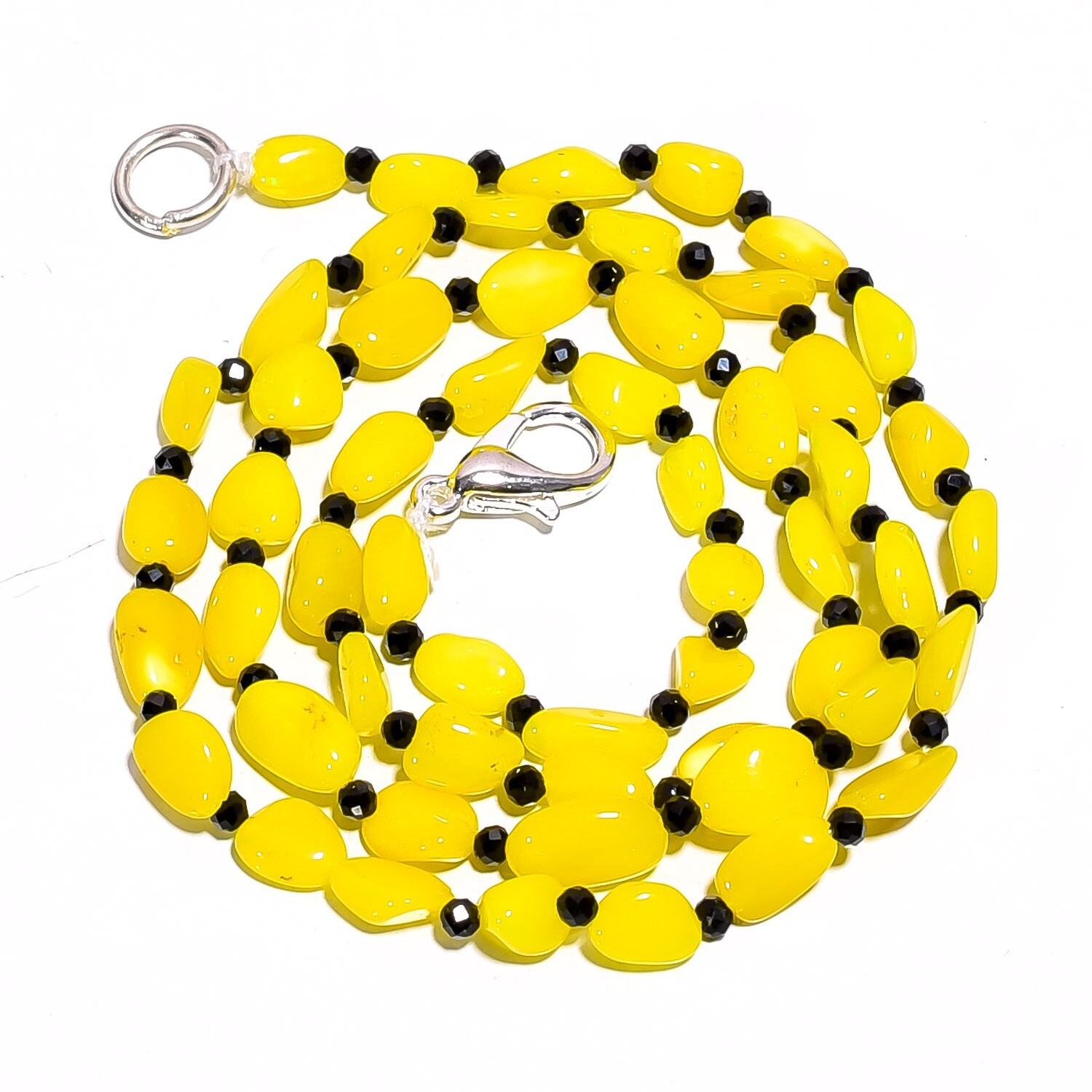 26.4 Ct. Natural Yellow Ethiopian Opal Black Spinel Beads Necklace 16″ A-2288