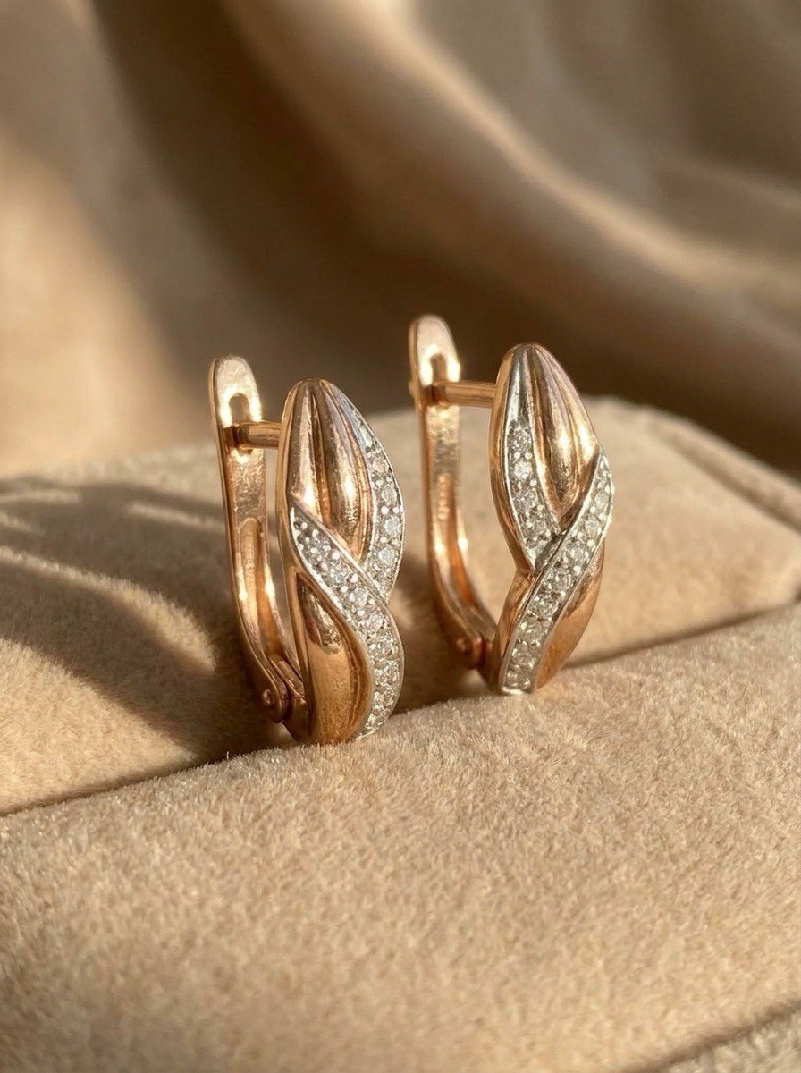 14K Rose Gold Leaf Design Earrings with Cubic Zirconia, 3.70g, Genuine .585 Gold