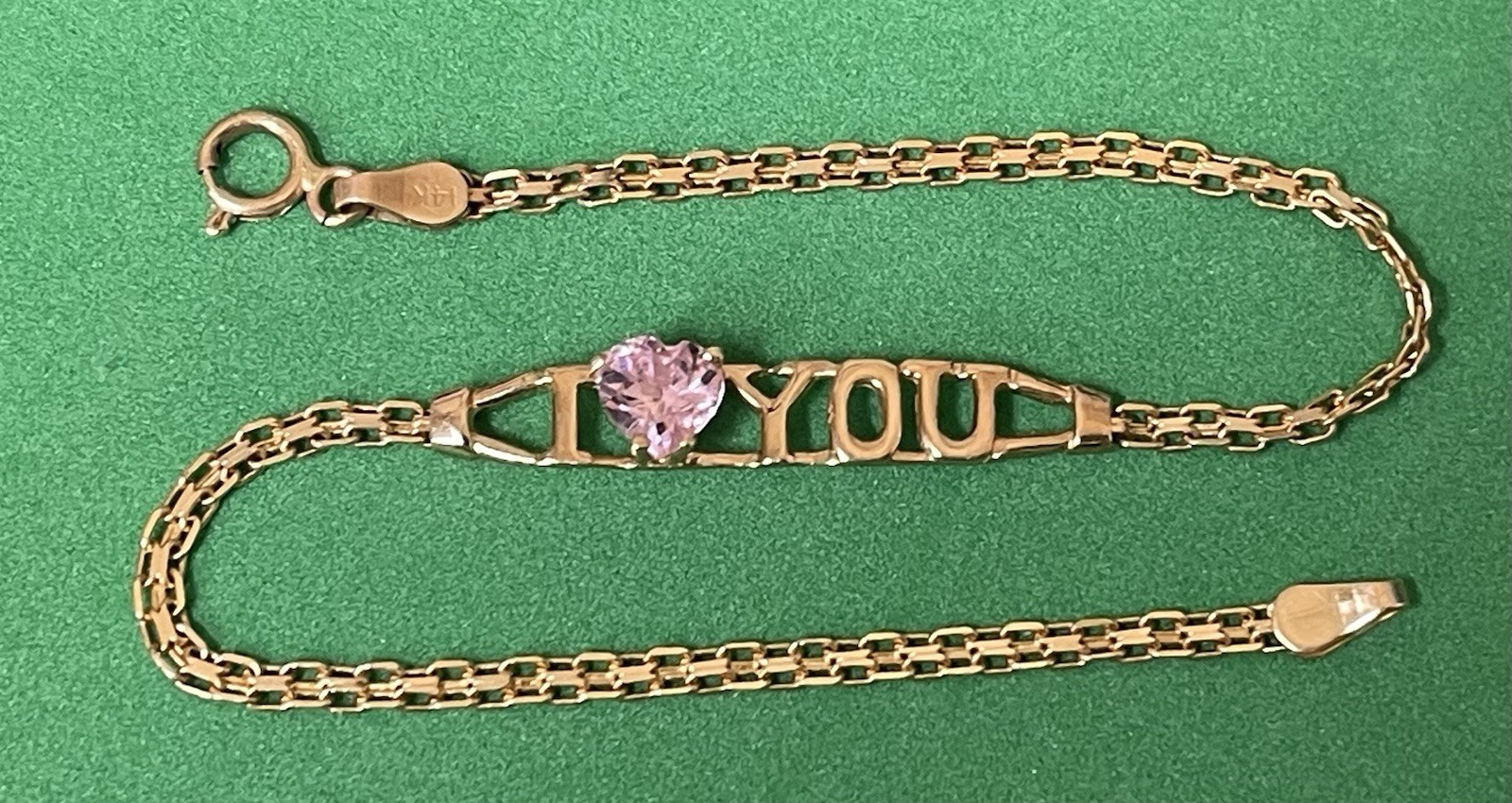 14kt Yellow Gold “I💖You” 7” Pink Heart CZ 2mm Wide Valentino Bracelet 2.3 Gram