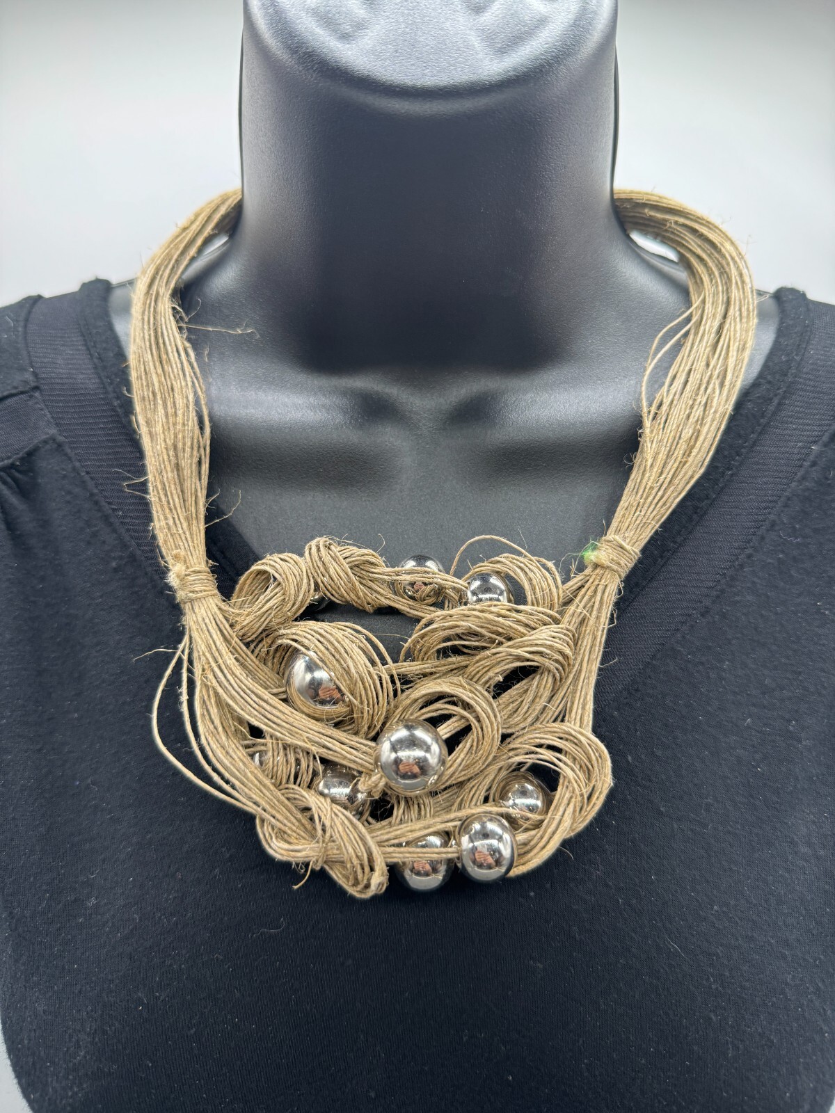 Birds Nest Necklace Beige Stranded Interwoven Silver Tone Beads 22″ Chain Close