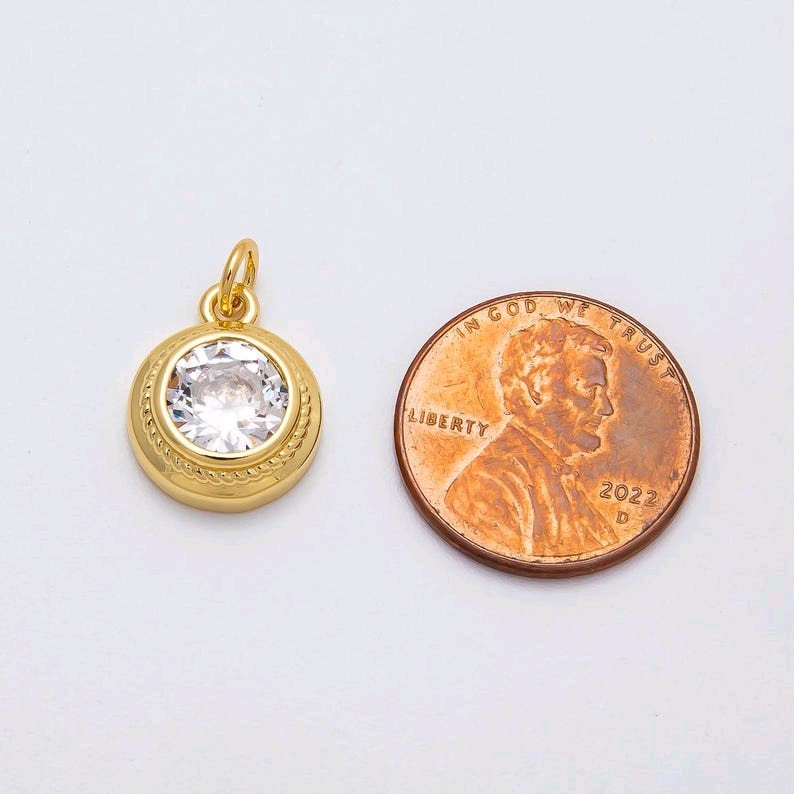 16k Gold Filled Round CZ Bezel Charm, Minimalist Solitaire Sparkling Pendant for