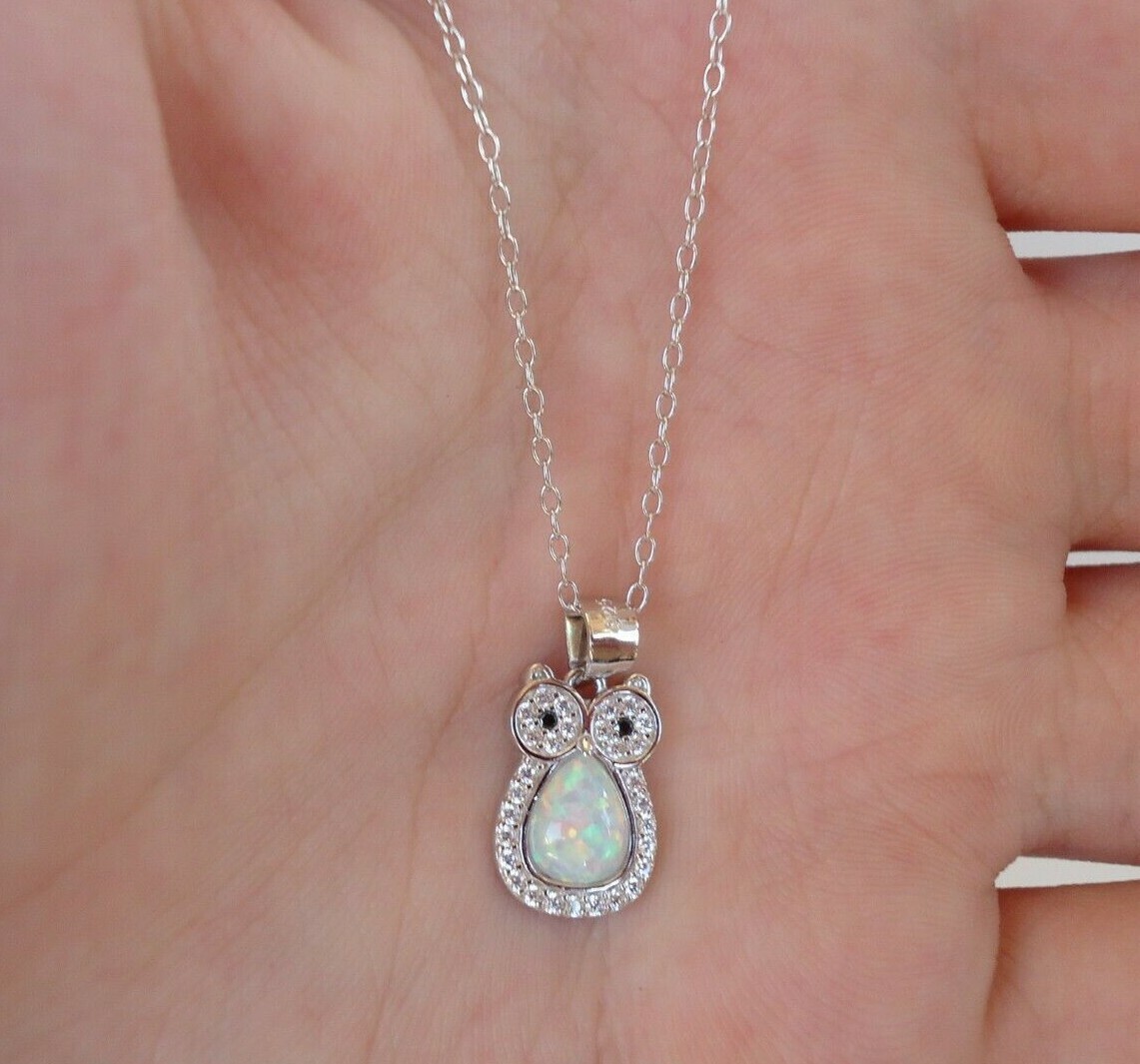 OWL NECKLACE PENDANT W/ OPAL CENTER & LAB ACCENTS / 925 STERLING SILVER / 18”