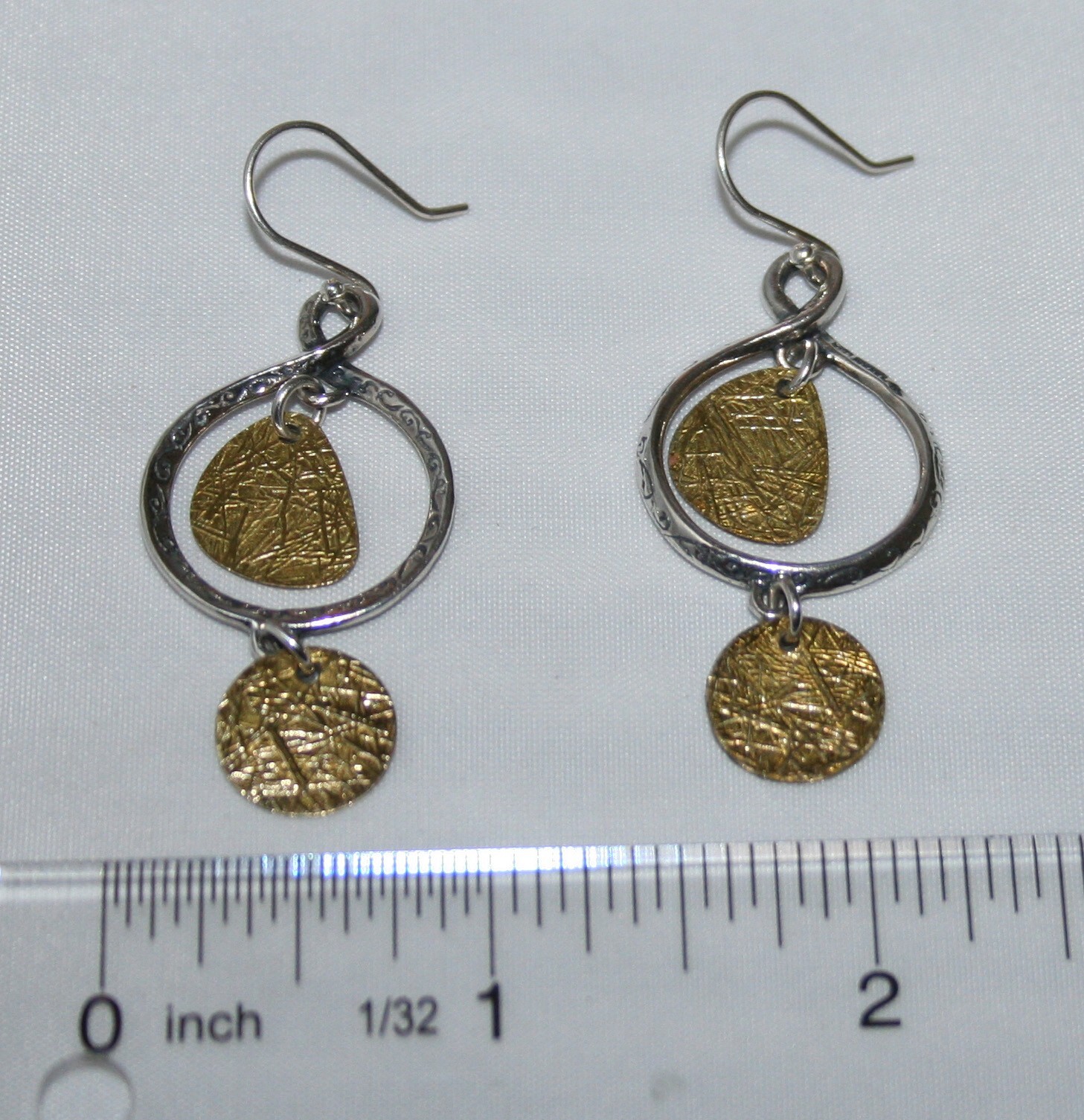 Silpada Sterling Silver Brass Textured Disk Twist Etched Dangle Earrings W2060