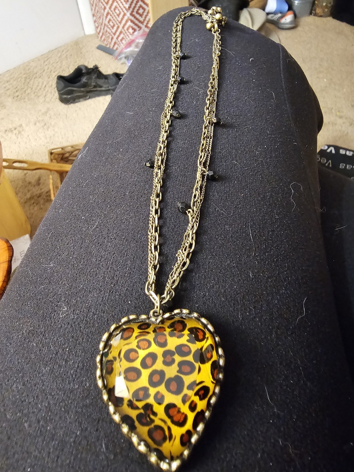 Betsey Johnson Multi Chain Leopard Heart Pendant Necklace Black Beads 17 to 19