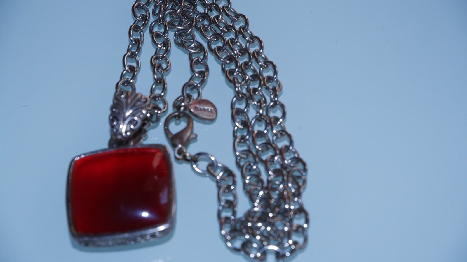Barse Thailand Red Garnet Cabochon Pendant Silver Filigree Necklace