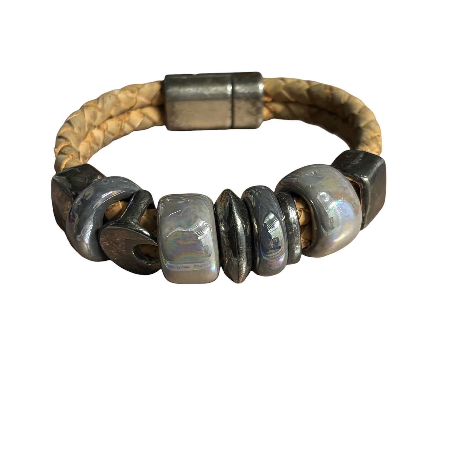 Womens Braided Tan Leather Magnetic Bracelet Iridescent Ceramic Metal Beads