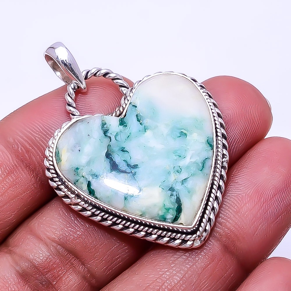 Heart – Tree Agate – Australia Handmade 925 Sterling Silver Pendant 1.76″ P73986