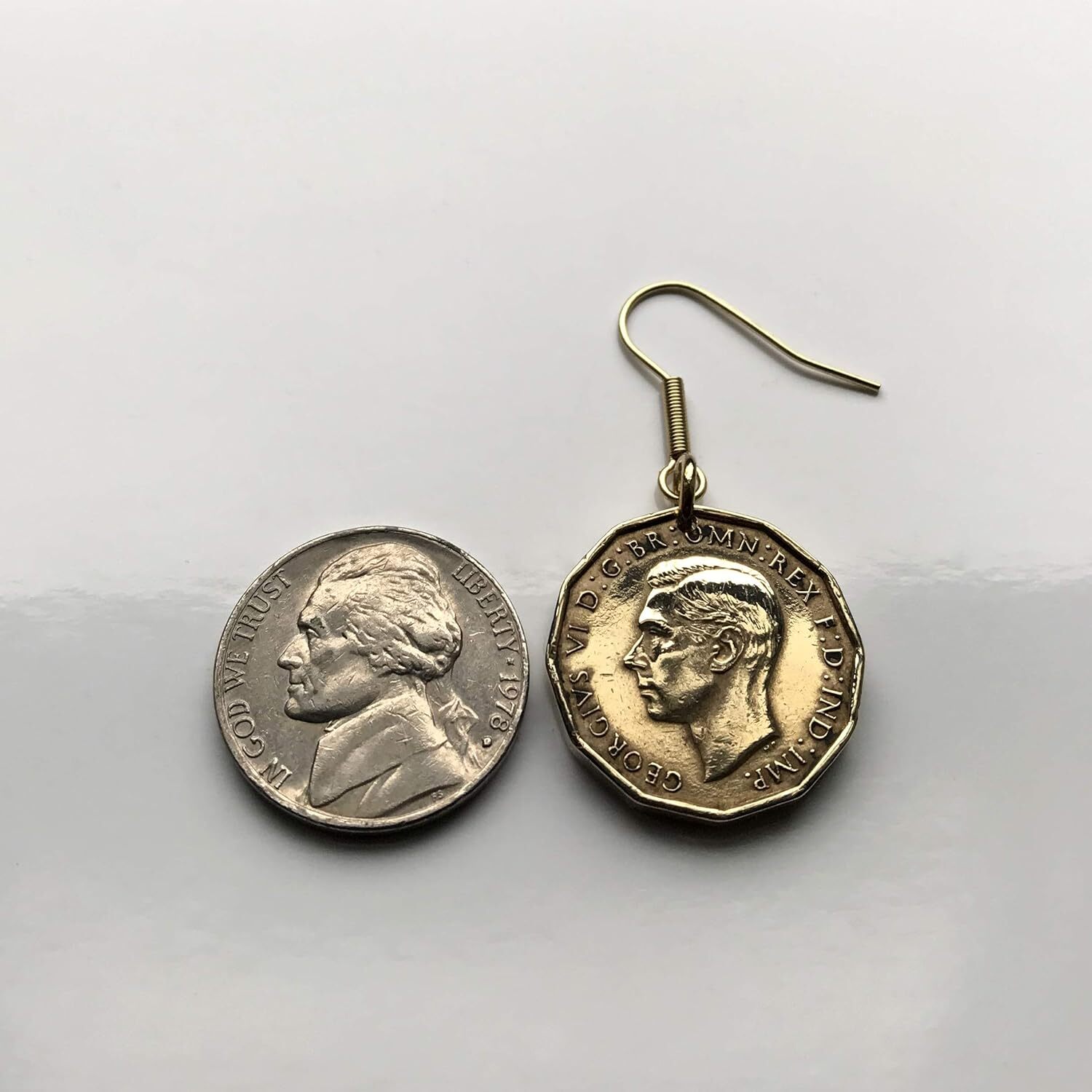 UK Great Britain 3 Pence coin earrings 3 headed thrift plant London Leeds 000074