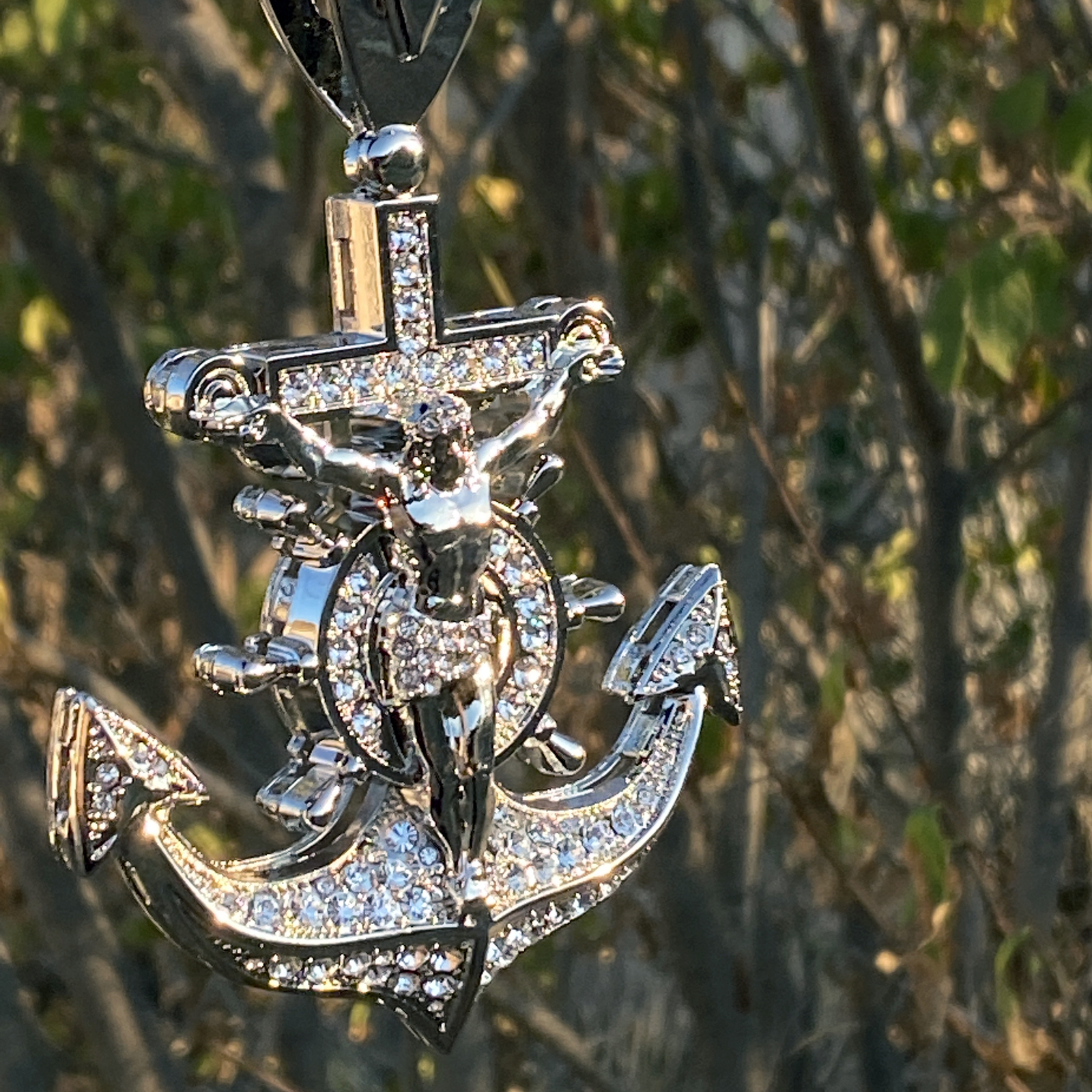 Mens Huge Large Mariners Cross Jesus Anchor Cuban Hip Hop Chain Silver Tone 30″