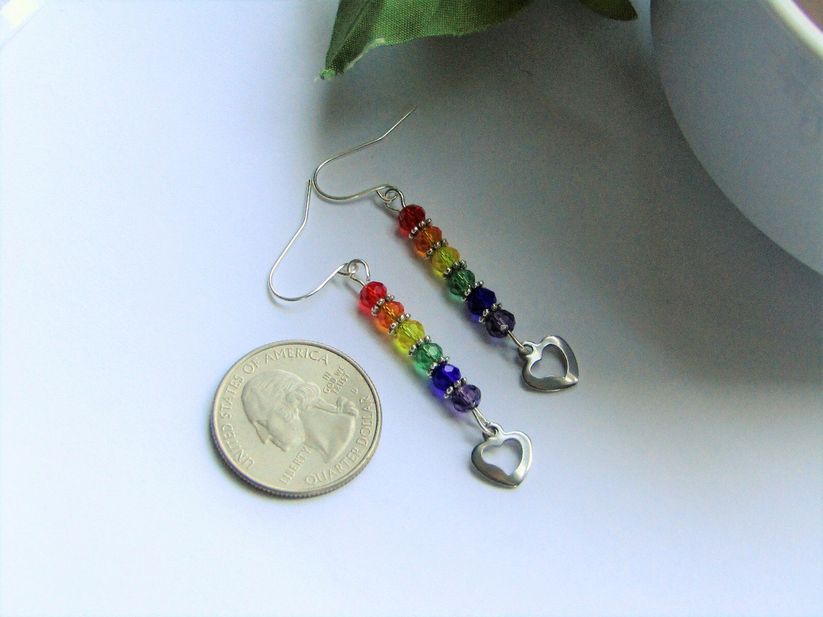 Rainbow PRIDE Glass Stainless Steel Heart Charm Silver Dangle Earrings