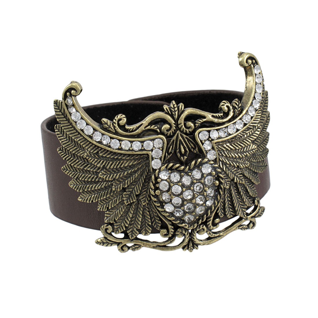 Zeckos Brown Vinyl Winged Rhinestone Heart Bracelet