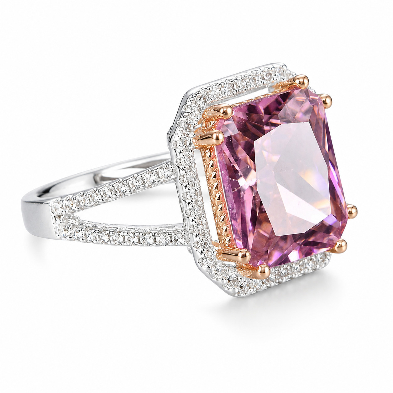 ZARD Pink Sapphire Emerald Cut Halo Ring in Rhodium Plated 925 Sterling Silver