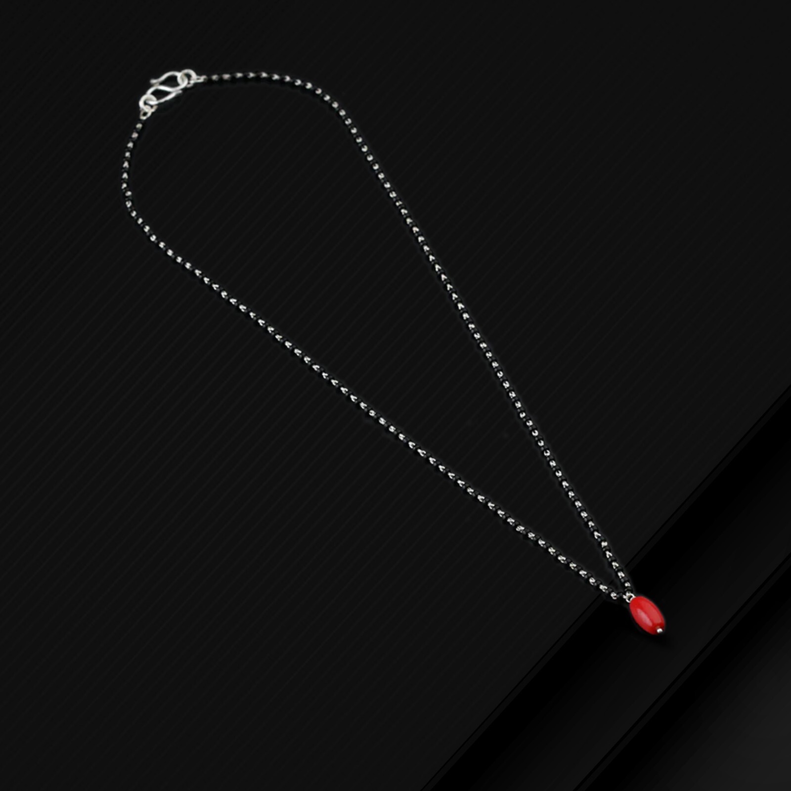 16″to30″925 sterling silver black beaded chain red beads ball mangalsutra ms111