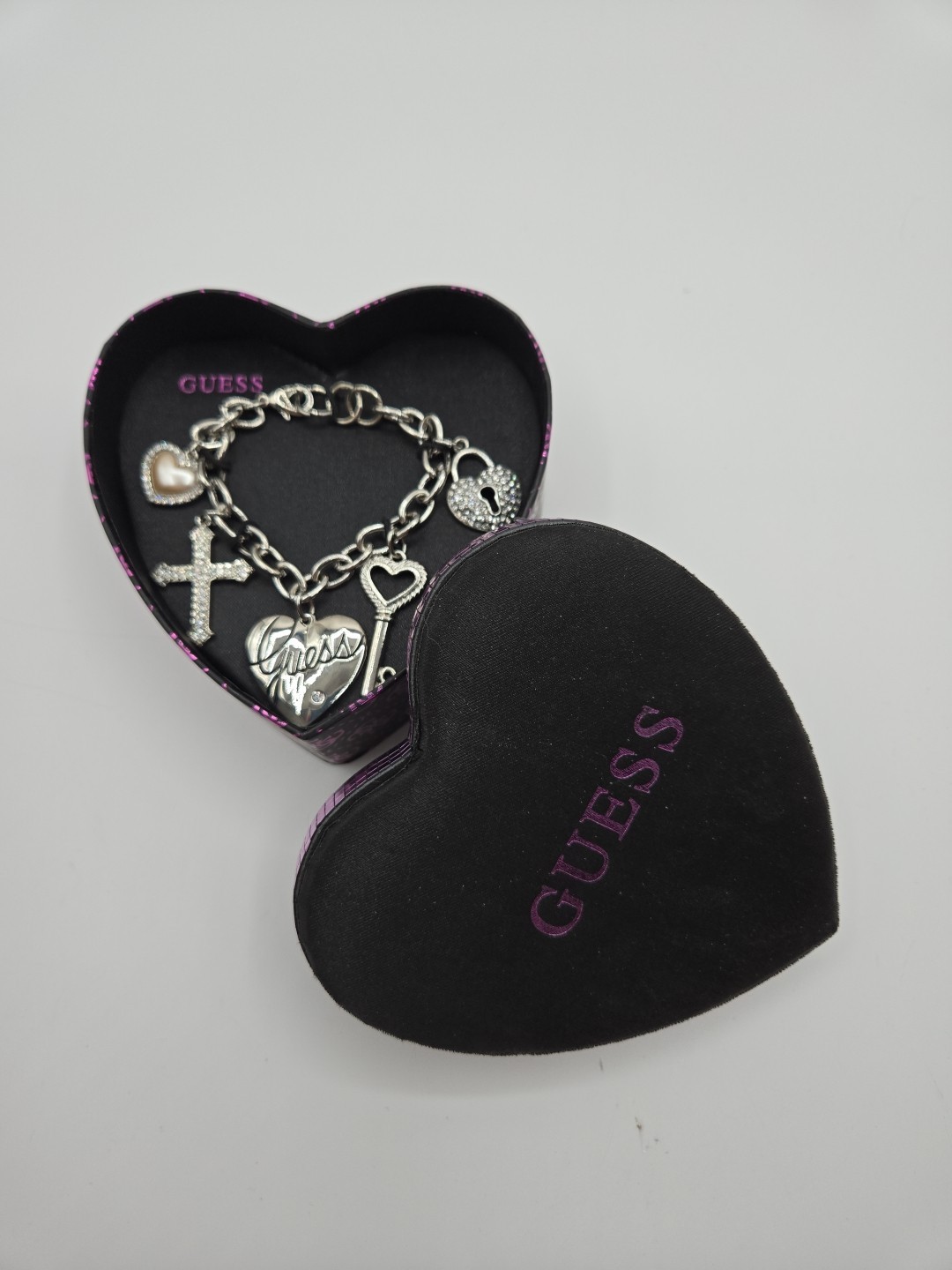 GUESS Charm Bracelet Key Heart Lock Rhinestones Cross Silver Tone NWT Heart Box