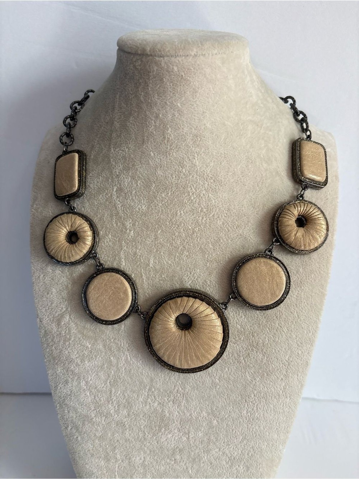 Reversible Statement Necklace Beige Blue Faux Leather Gold Tone Necklace