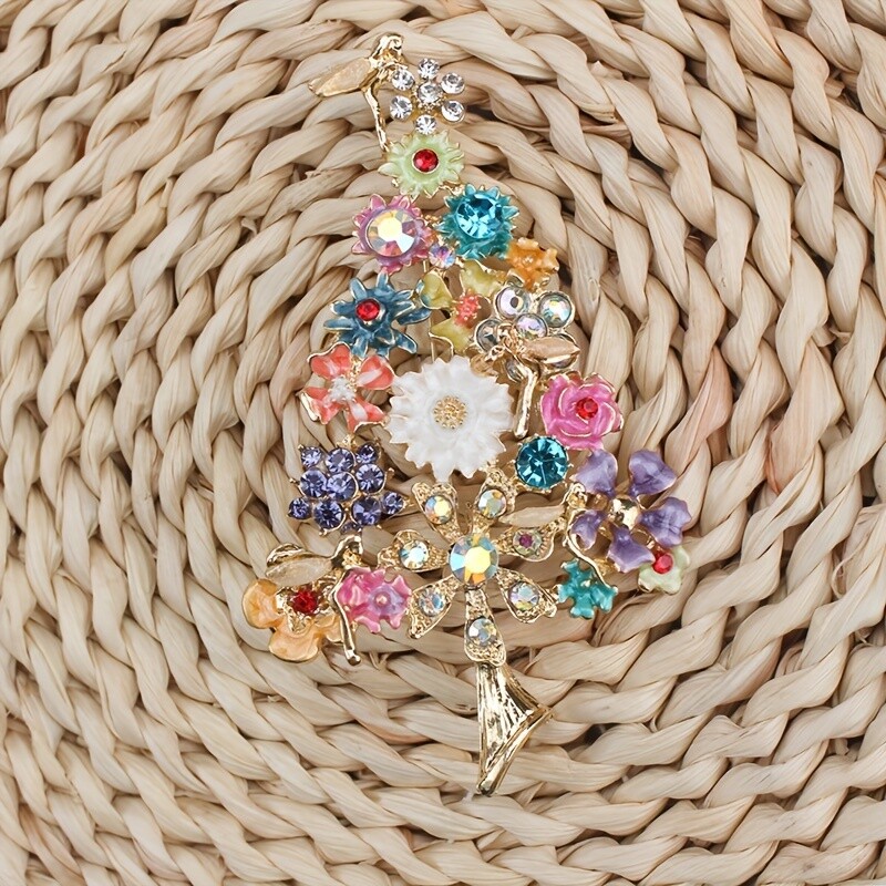 Colorful Christmas Tree Brooch with Rhinestone Corsage Accessory for Women