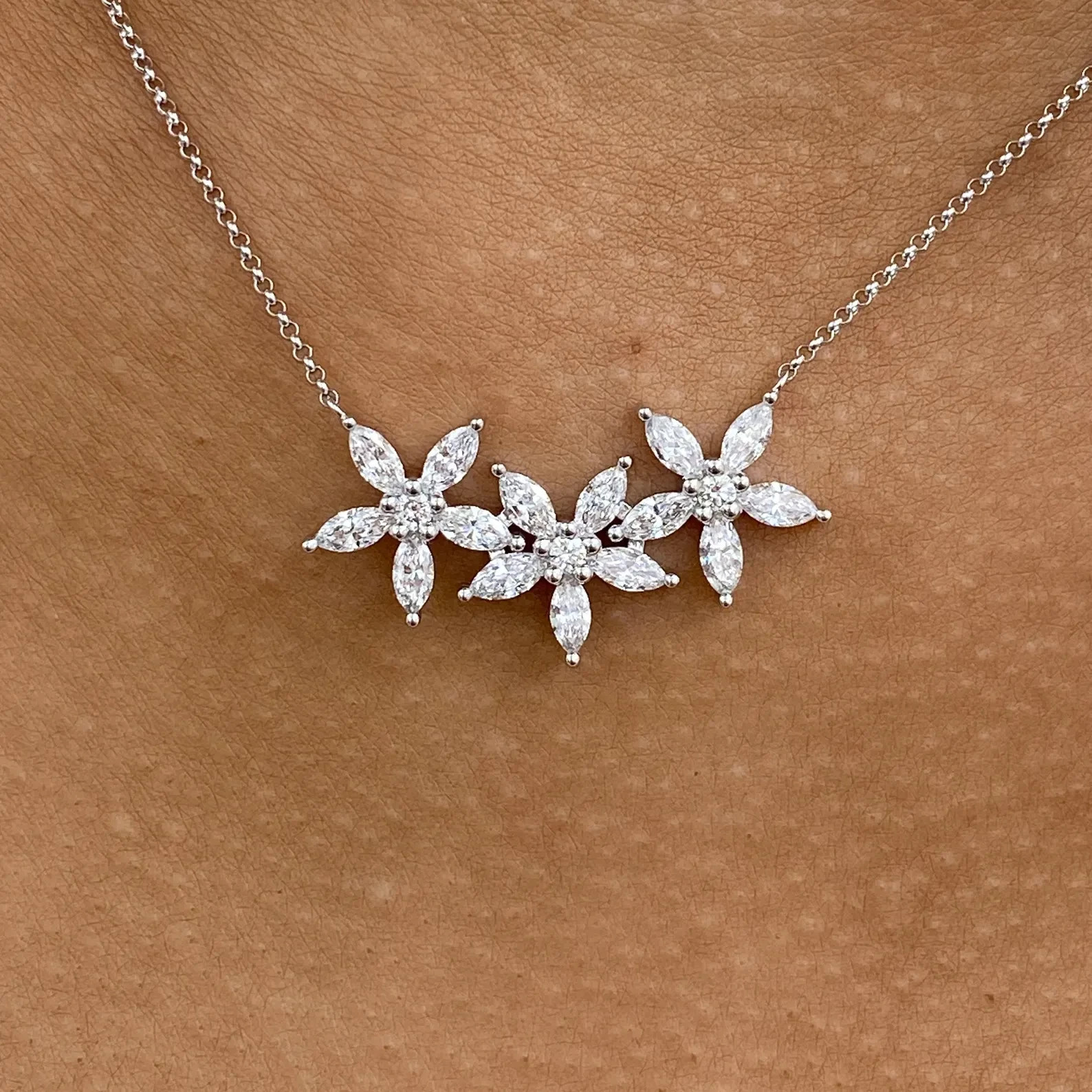 Lab Grown 2.00 Ct Marquise & Round Diamond Flower Shape Necklace 14K White Gold