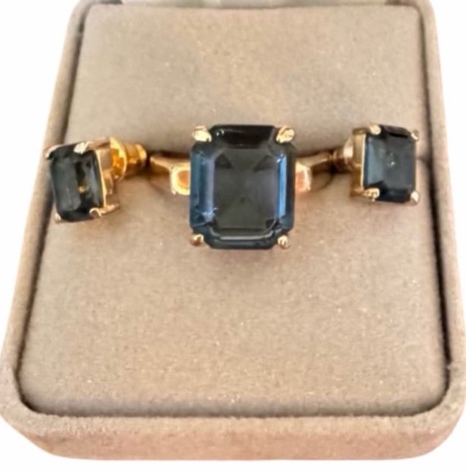 Gold Tone Emerald Cut Blue Ring Earrings Set Jewelry Square Vintage Sz 6.75