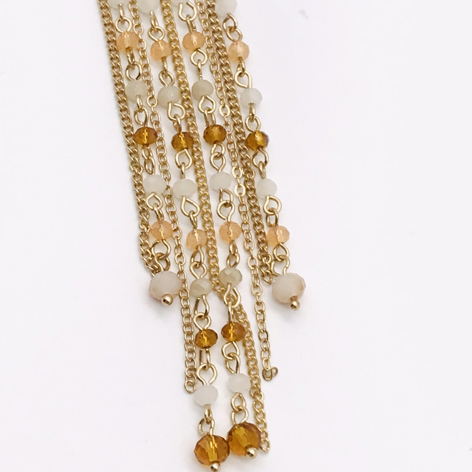 Natasha Fringe Long Necklace Amber Double Strand Color Goldtone Faceted Bead