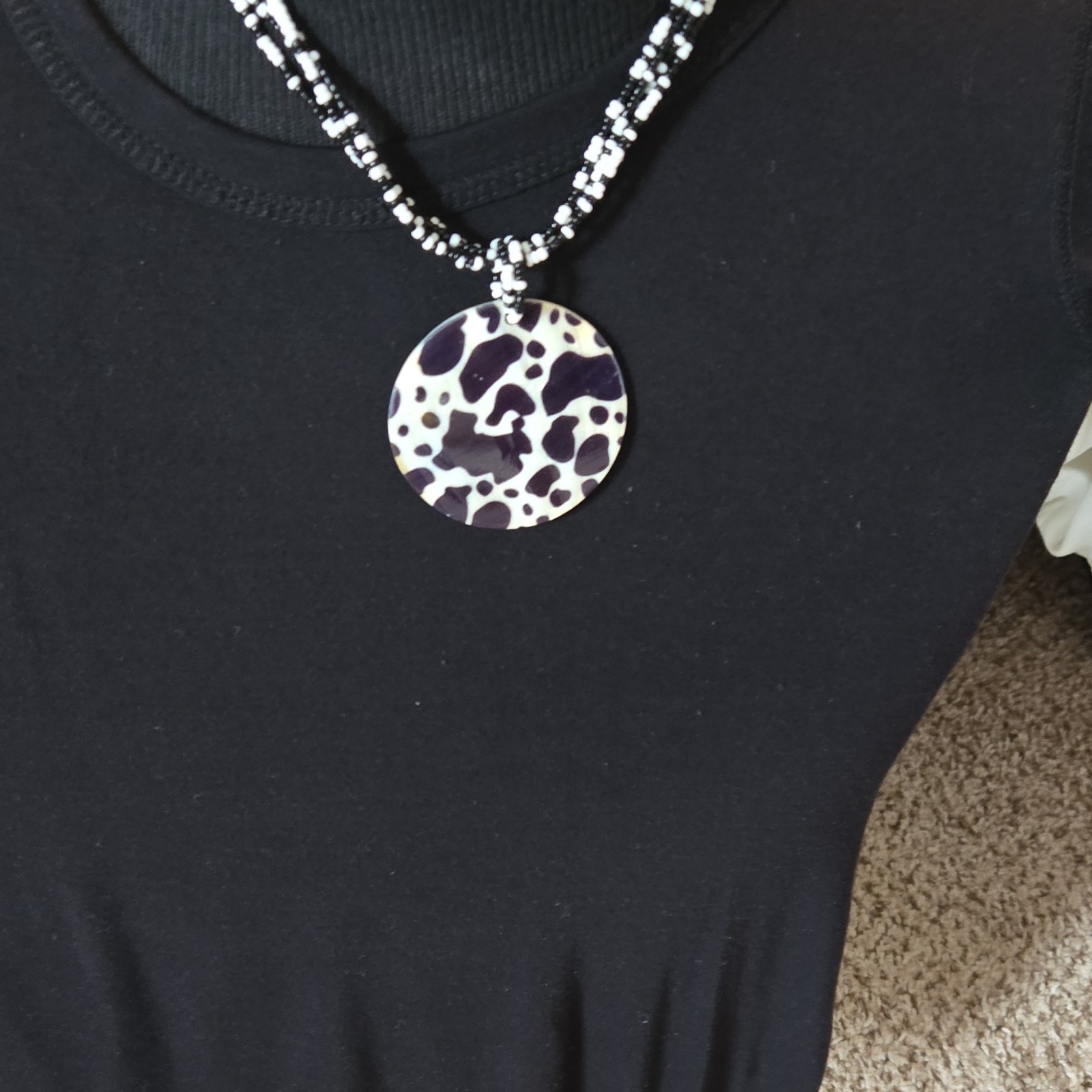 Black White Silver Beaded Necklace Round Charm Pendant Adjustable Lobster