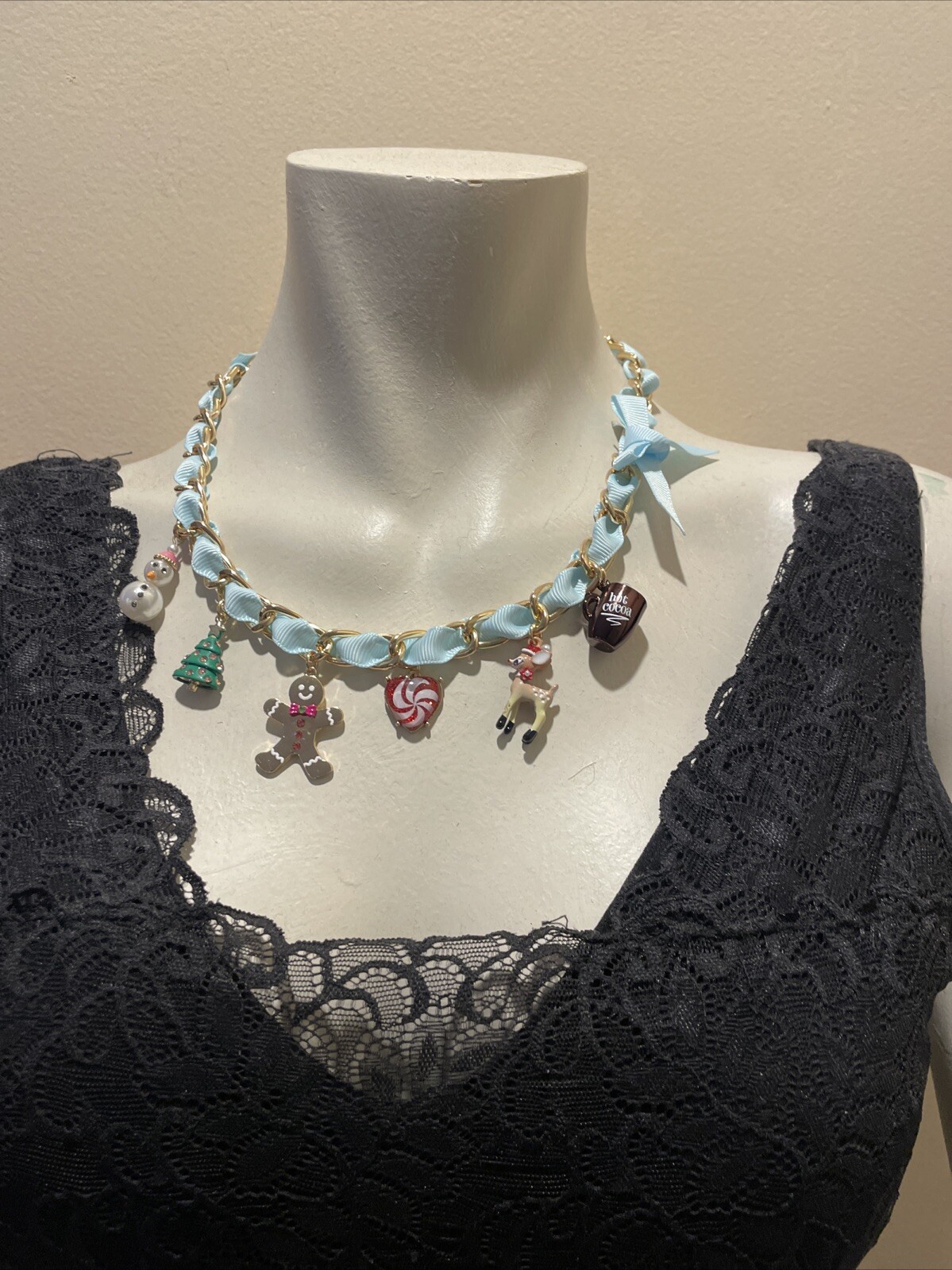 Betsey Johnson Necklace Jingle Bell Bling XMAS Holiday Charms Faux Pearl Snowman