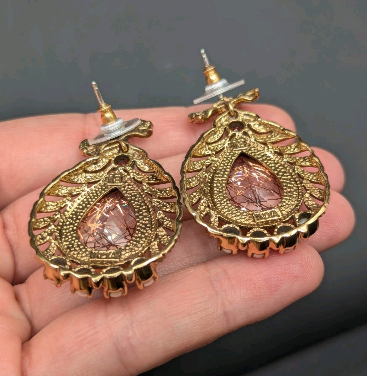 Nicky Butler NB Gold Tone Quartz Pearl Garnet Bow Drop Dangle Earrings 925 Posts