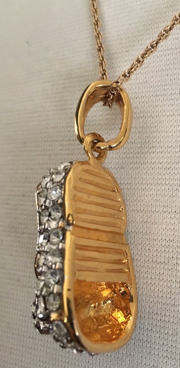 Girl Baby Shoe Gold Plated Clear Crystals Pendant 1 1/4″ L x 3/4″ W 18″ Chain