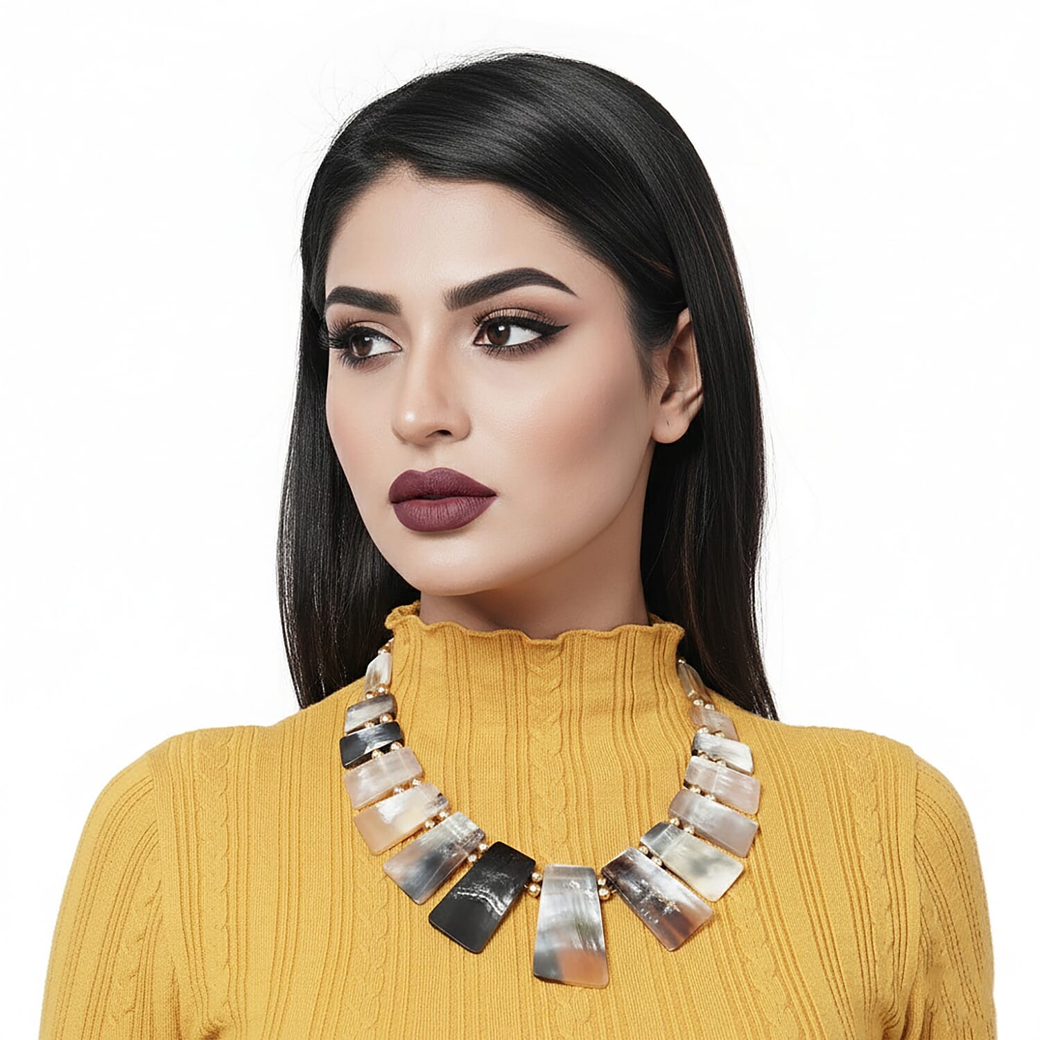 Buffalo Horn Trapezoid, Statement Piece, Cotton Cord Goldtone Necklace 20 In