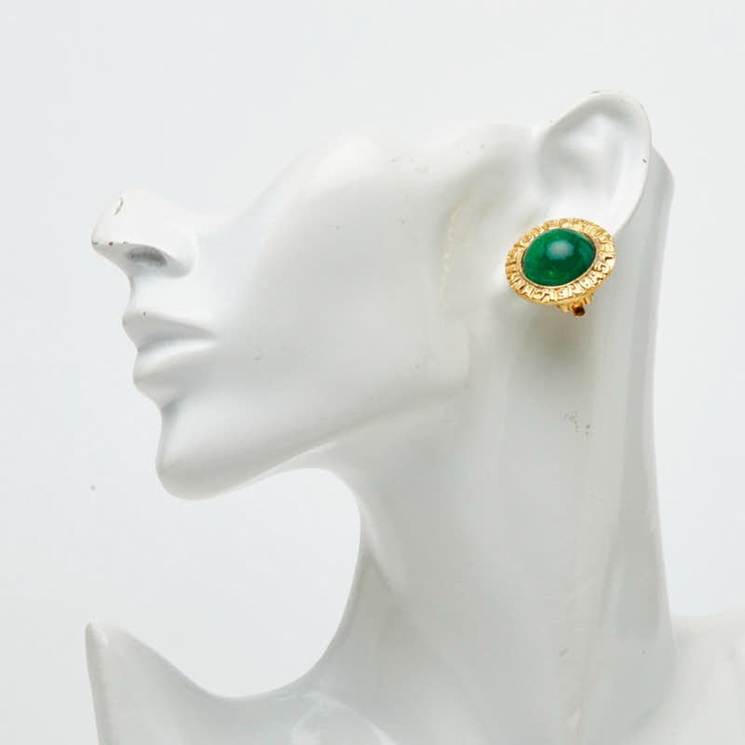 CHANEL Vintage Logo Gripoix Green Cabochon Gold Plated Clip On Earrings