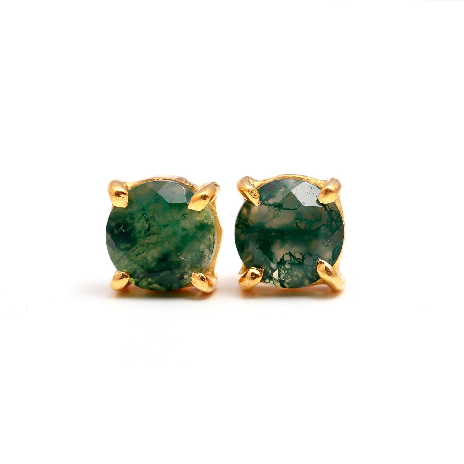 Natural Moss Agate Round Stud Earrings Gold Plated 925 Sterling Silver Jewelry